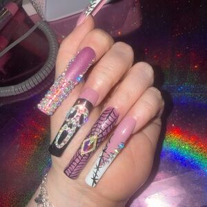 Extra Long GhostFace Killah Pink and Black Rhinestone Press ons